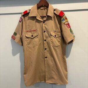 Vintage Boy Scouts Of America Shirt Mens Medium Beige Scoutmaster Patches 1980s